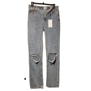 princess polly high waisted straight leg jeans with rips at knees